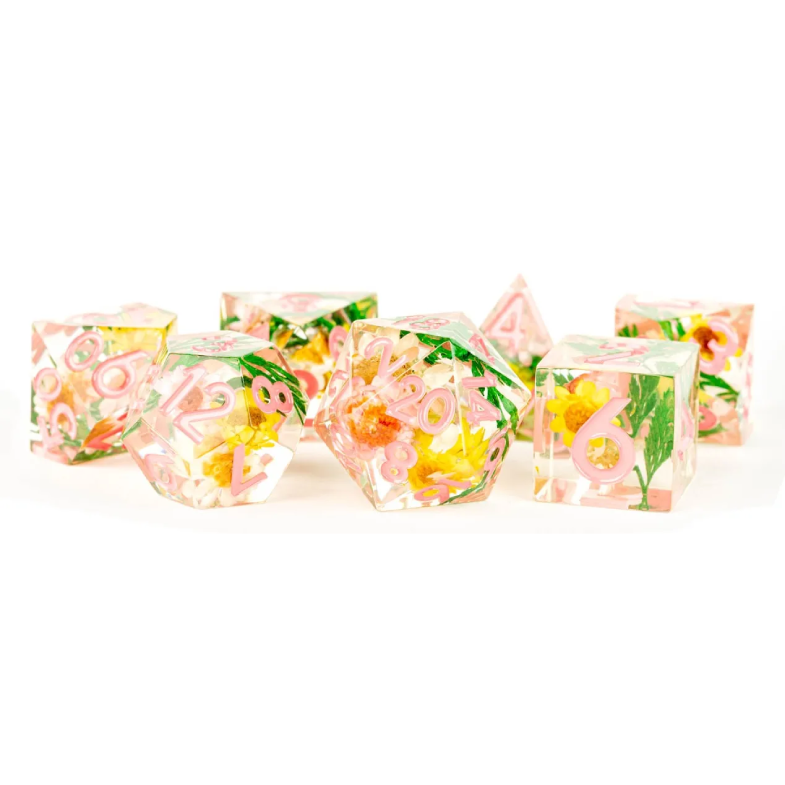 Inclusion Chrysanthemum Handcrafted Sharp Edge Resin Poly Dice Set Yellow Flowers With Pink Numbers (7)
